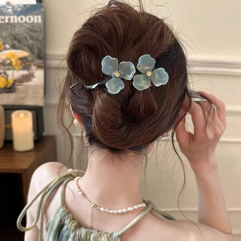 Retro flower acrylic bobby pin with petal design in blue colour for updo hairstyle