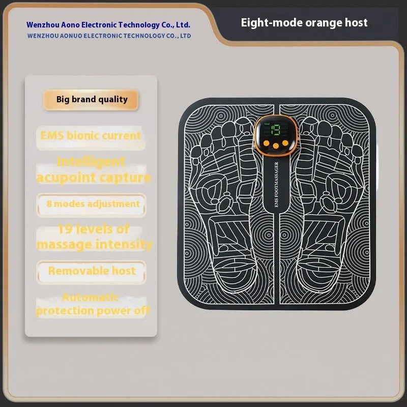 Blue square foot massage mat with USB charging cable and remote control for reflexology therapy