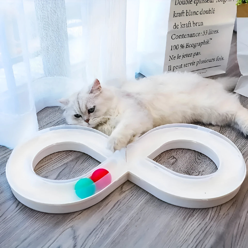 50cm long blue and white cat toy track with turntable, moving balls and teasing sticks for feline entertainment
