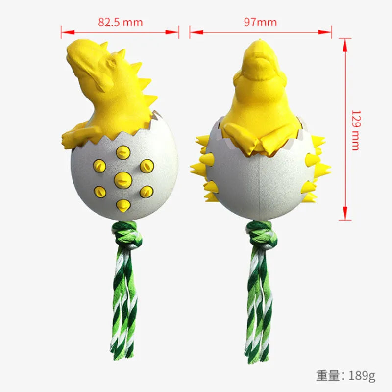 Blue durable dog chew toy with dinosaur design and attached rope for aggressive chewers.