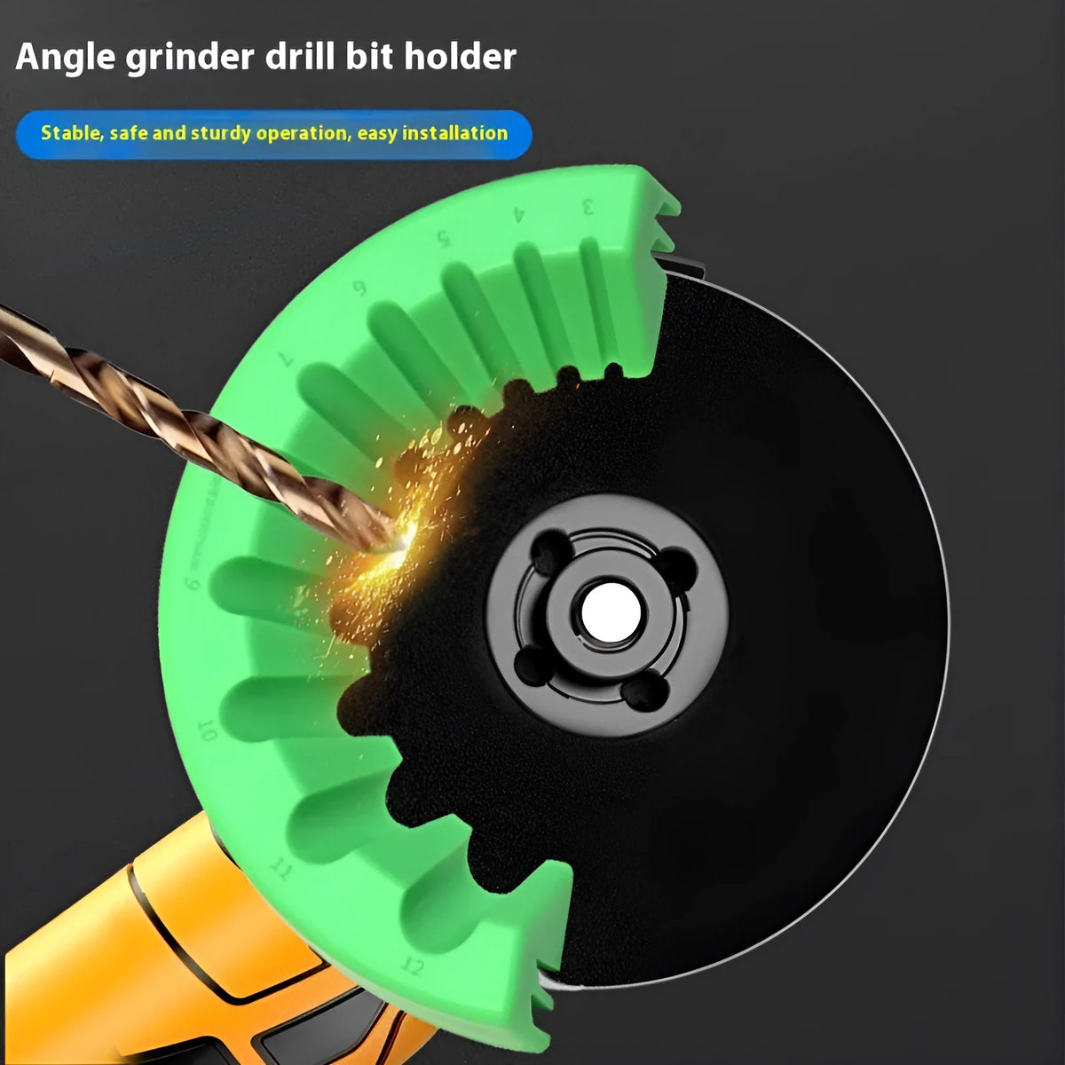 Angle grinder grinding bit bracket holder in black, green and yellow options for 3-12mm bits
