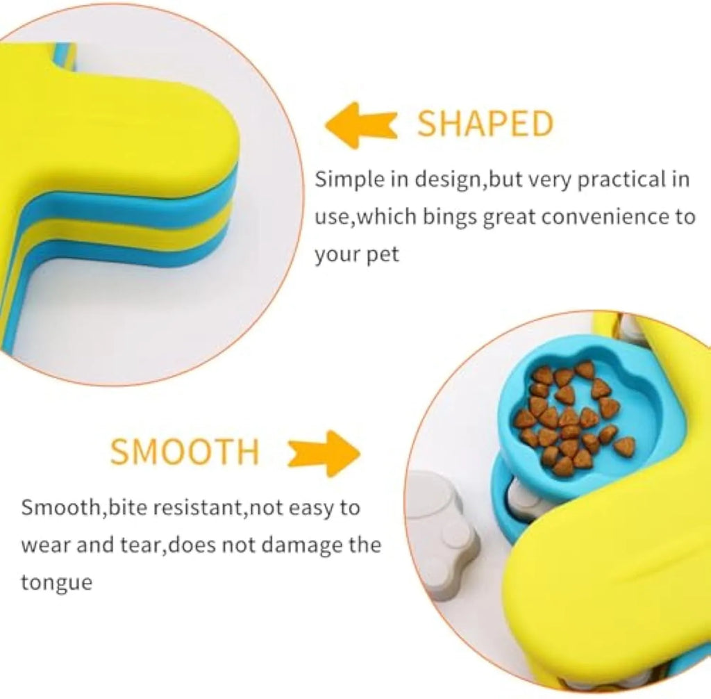 Yellow three-layer rotating dog puzzle feeder with claw-shaped lids and anti-slip base