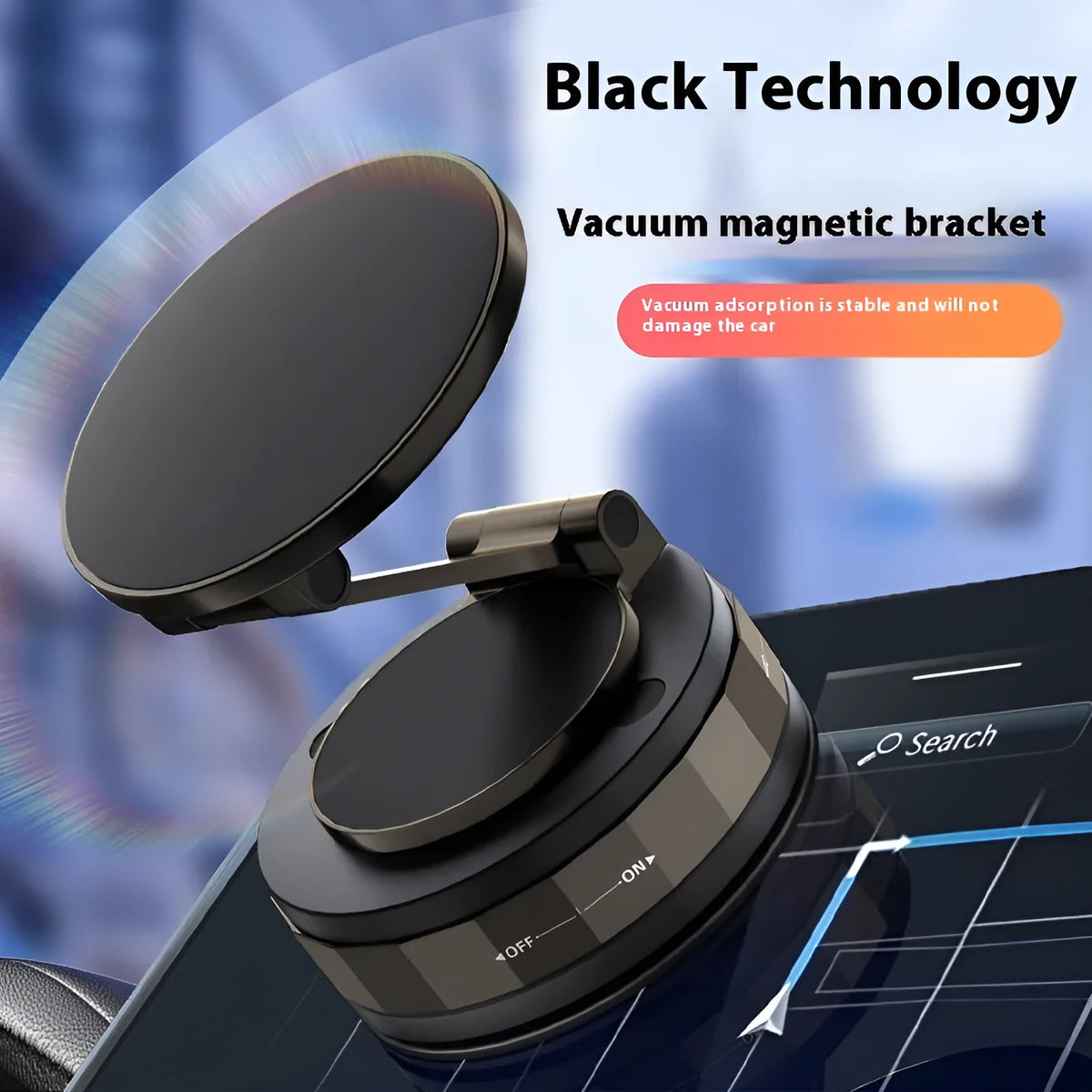 Folding vacuum suction cup car phone holder in T30 Black with zinc alloy build and magnetic guide ring