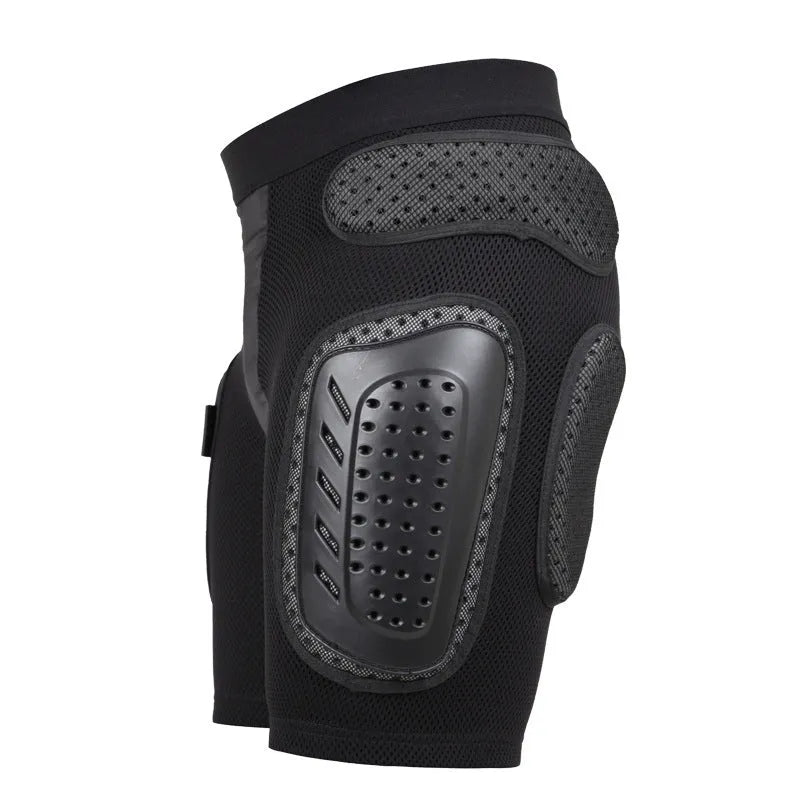 Black cycling hip protection pants showing padded hip area, sizes S M L XL available