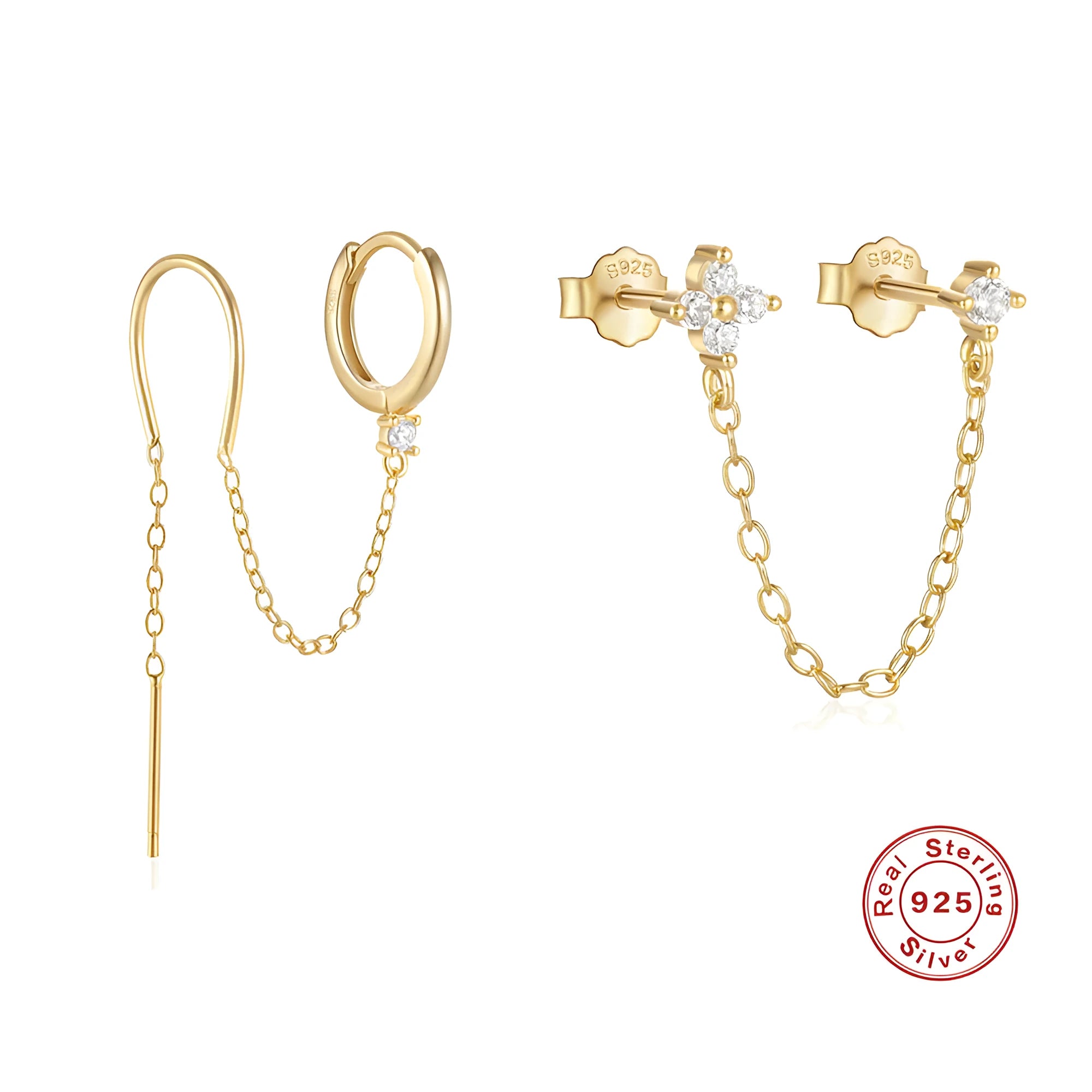 S925 sterling silver ear stud with flower, chain, and tassel detail in a golden electroplated finish.
