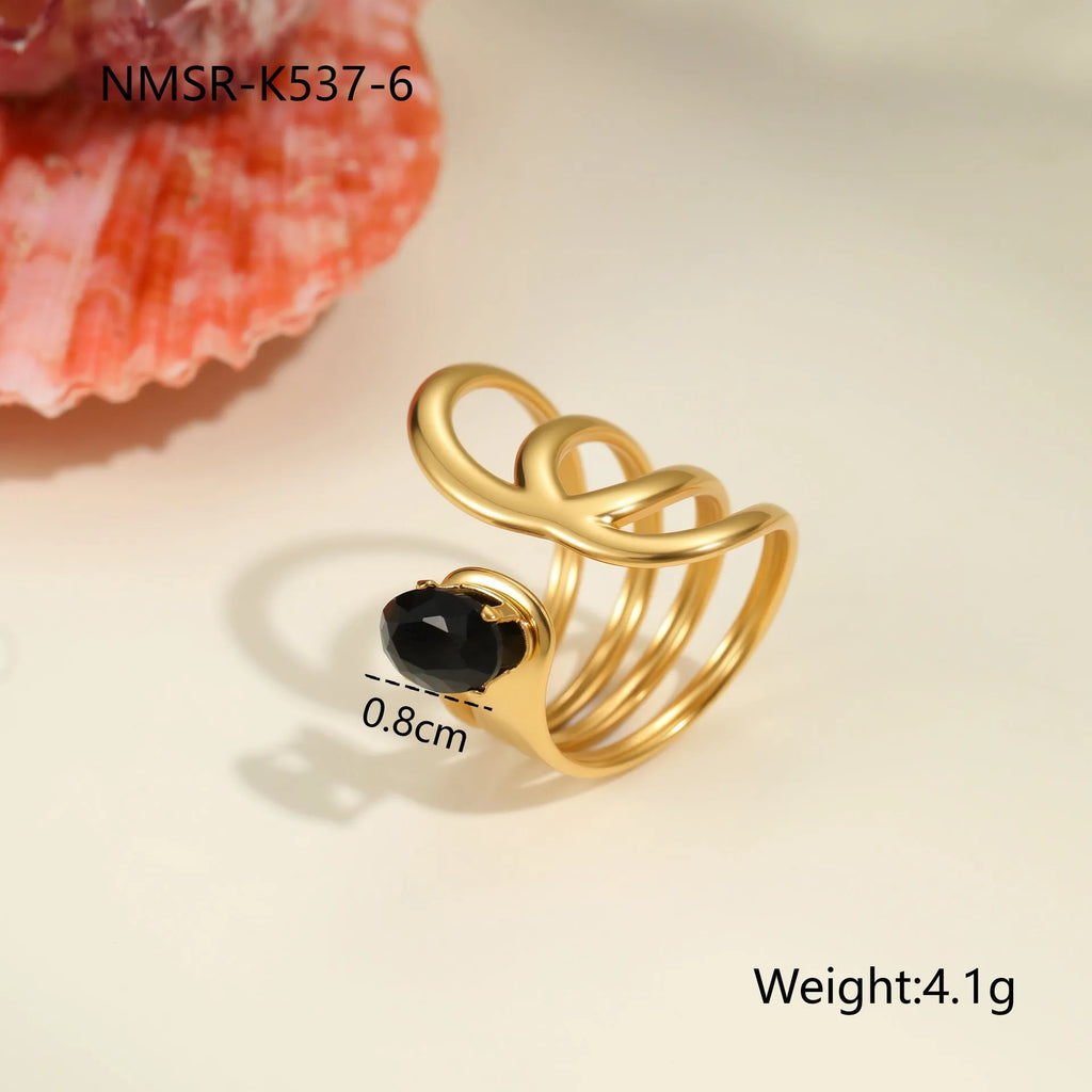 Women's open mouth titanium steel ring with geometric design and inlaid zircon stones on finger
