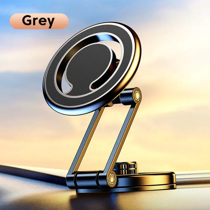 Telescopic folding car phone holder with magnetic suction base mounted on vehicle instrument panel