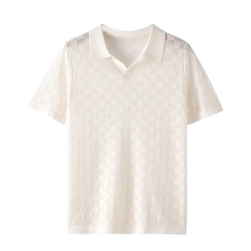 Men's short sleeve mulberry silk sweater with lapel collar in solid colour for business casual wear