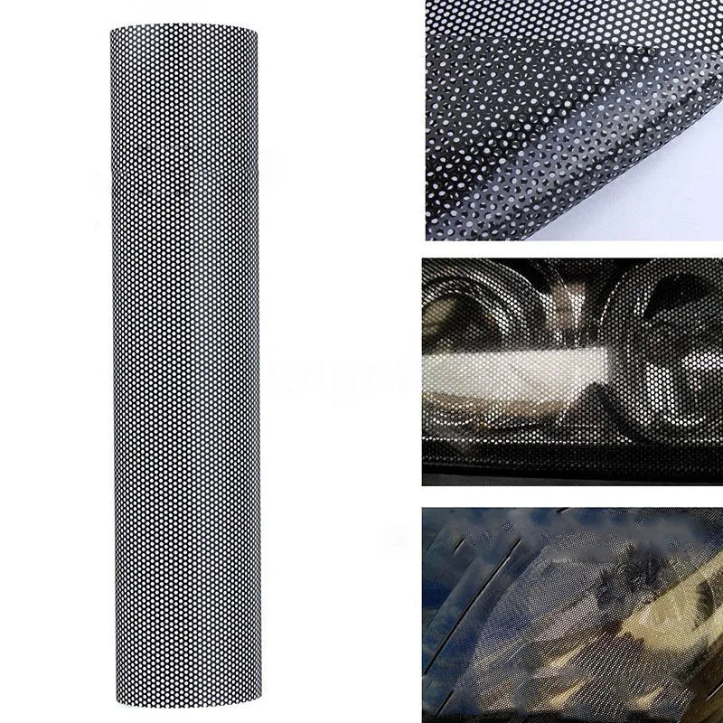 Perforated automotive vinyl wrap film sheet measuring 30cm by 106cm