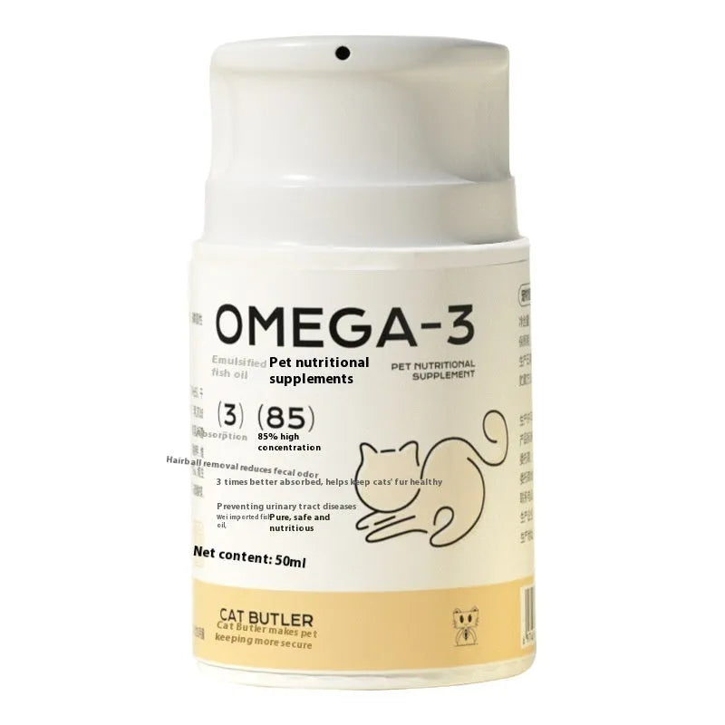 Cat Butler Pet Fish Oil 120ml bottle with RTG extracted fish oil, krill oil, and astaxanthin supplement for cats