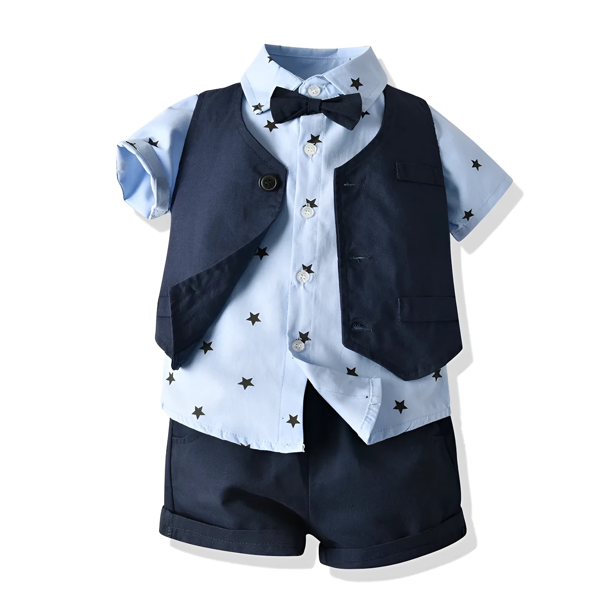 Light blue cotton three-piece children's suit with waistcoat, short sleeve shirt, and shorts for boys
