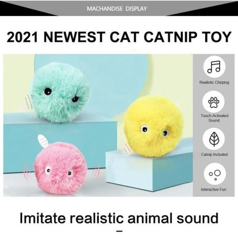Colourful interactive cat toy ball with motion sensor and animal sounds, 55mm diameter