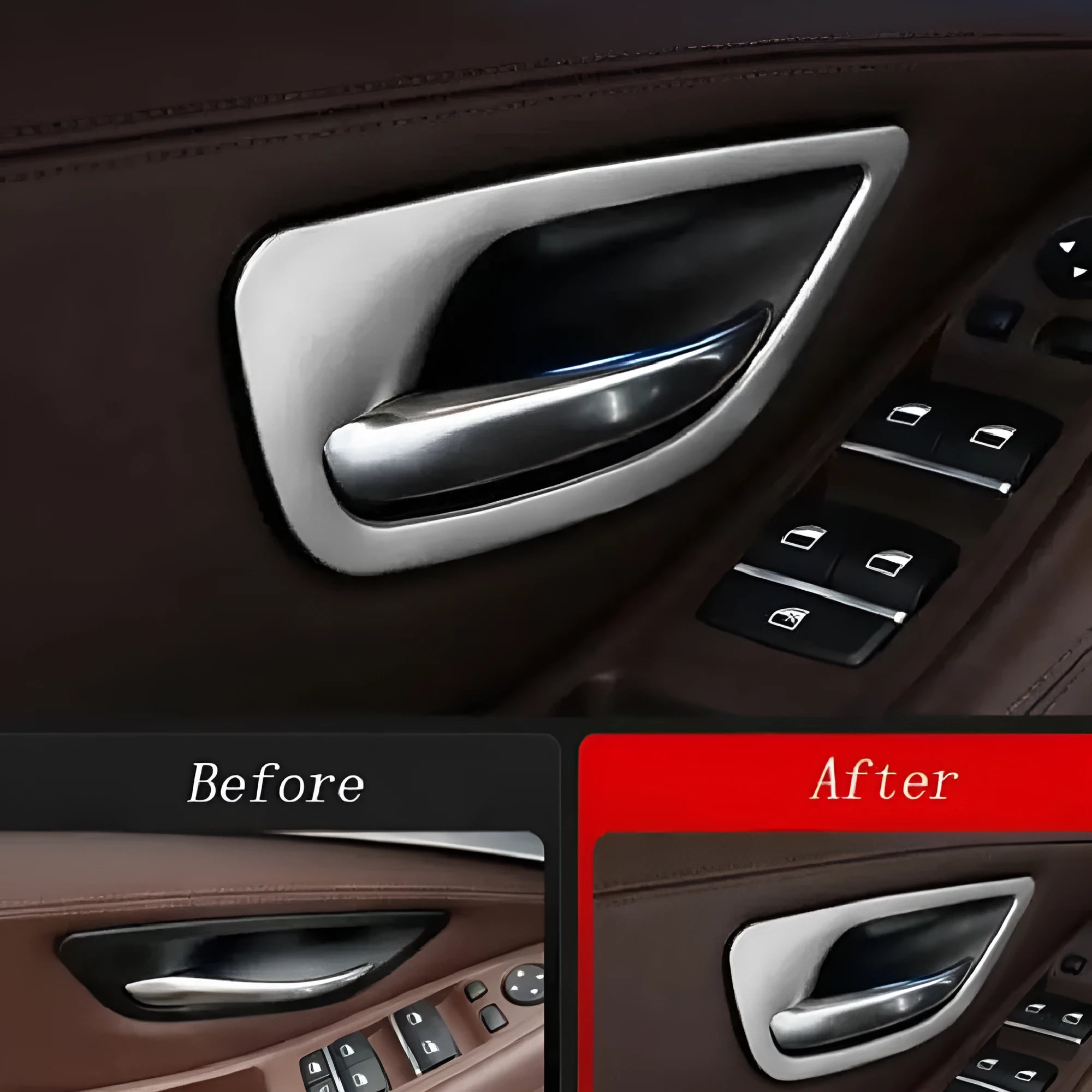 Four silver/grey ABS and stainless steel decorative trim strips for BMW 5 Series F10/F11 interior door handles.