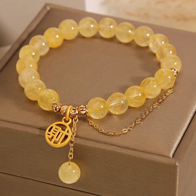 Natural stone citrine bracelet with Chinese character tassel on mixed material band