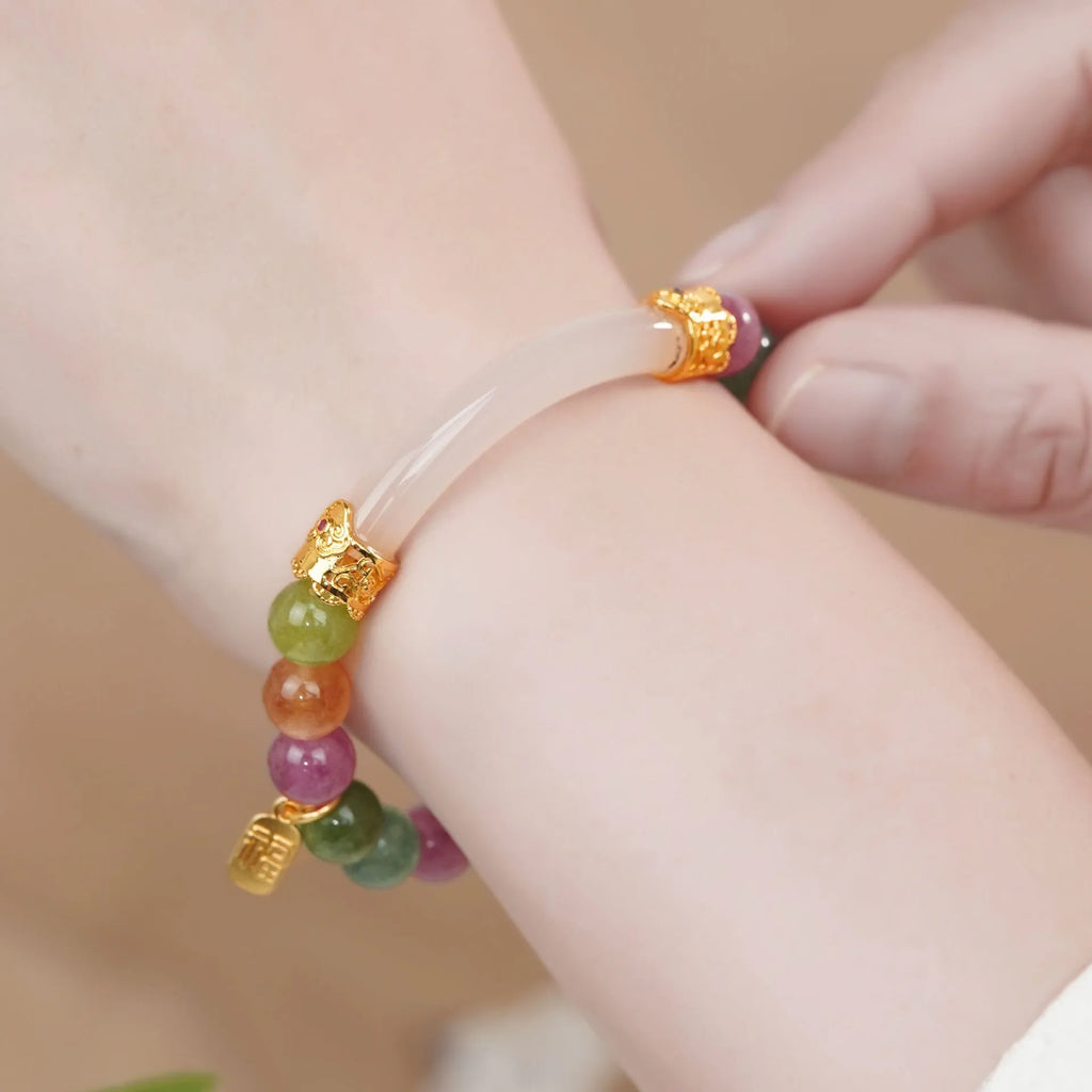 Rainbow coloured tourmaline half bracelet for women with electroplated finish