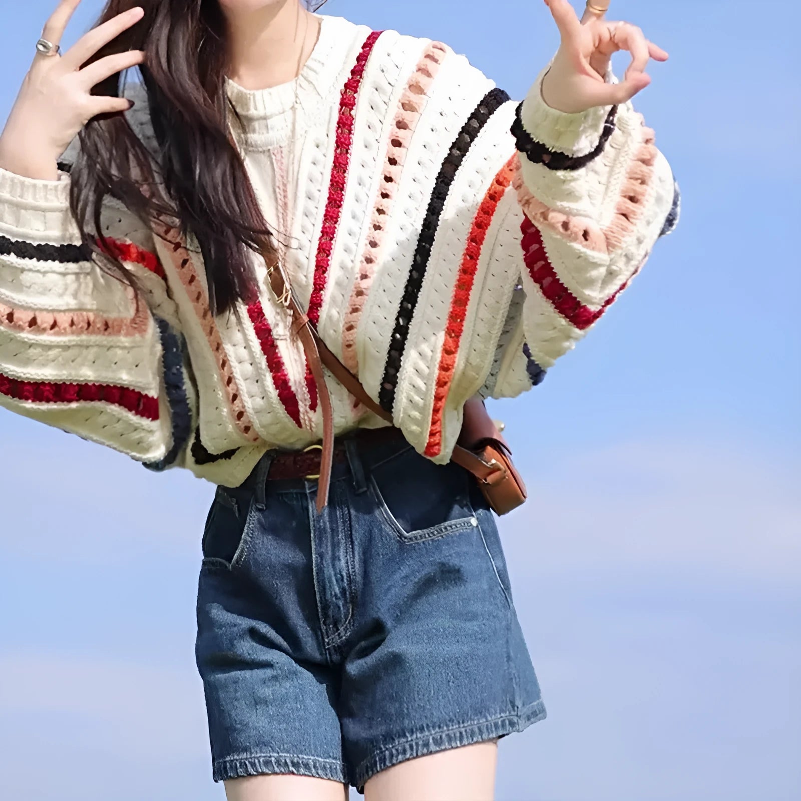 Rainbow striped hollow knit pullover sweater with batwing sleeves in loose fit casual style