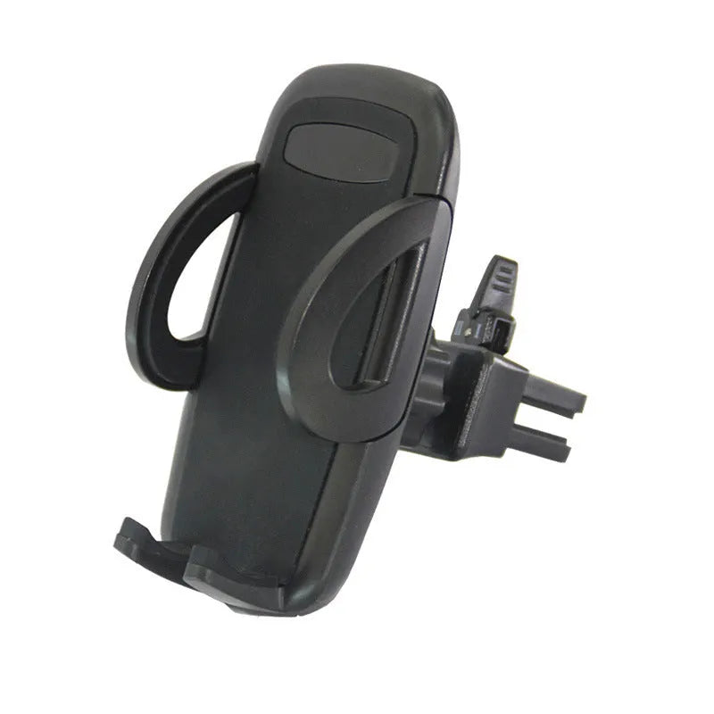 Black plastic car mobile phone holder mounted on air conditioning vent holding smartphone