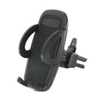 Black plastic car mobile phone holder mounted on air conditioning vent holding smartphone