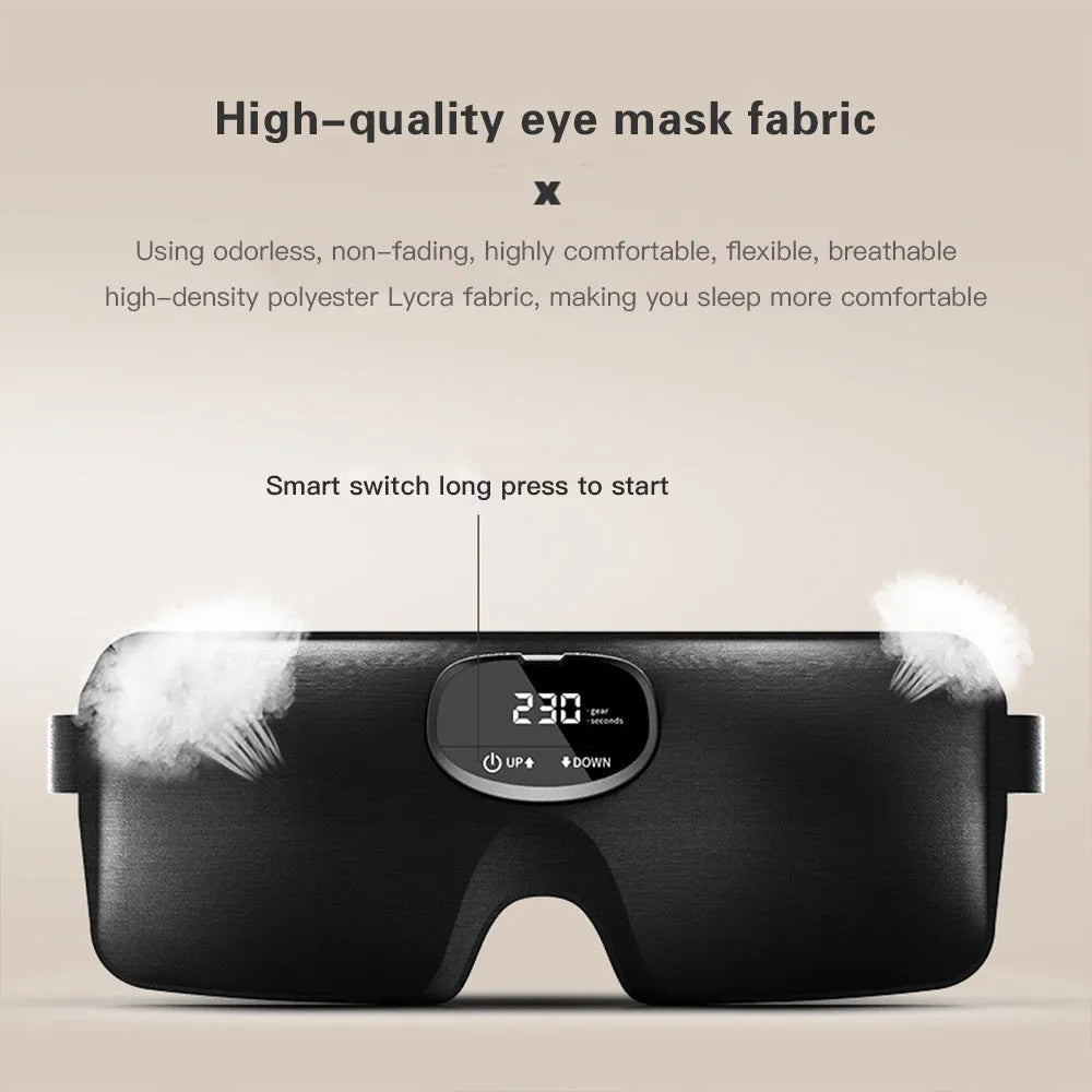 Black EMS smart sleep eye mask, USB rechargeable, 245mm x 95mm x 20mm, polyester ABS silicone