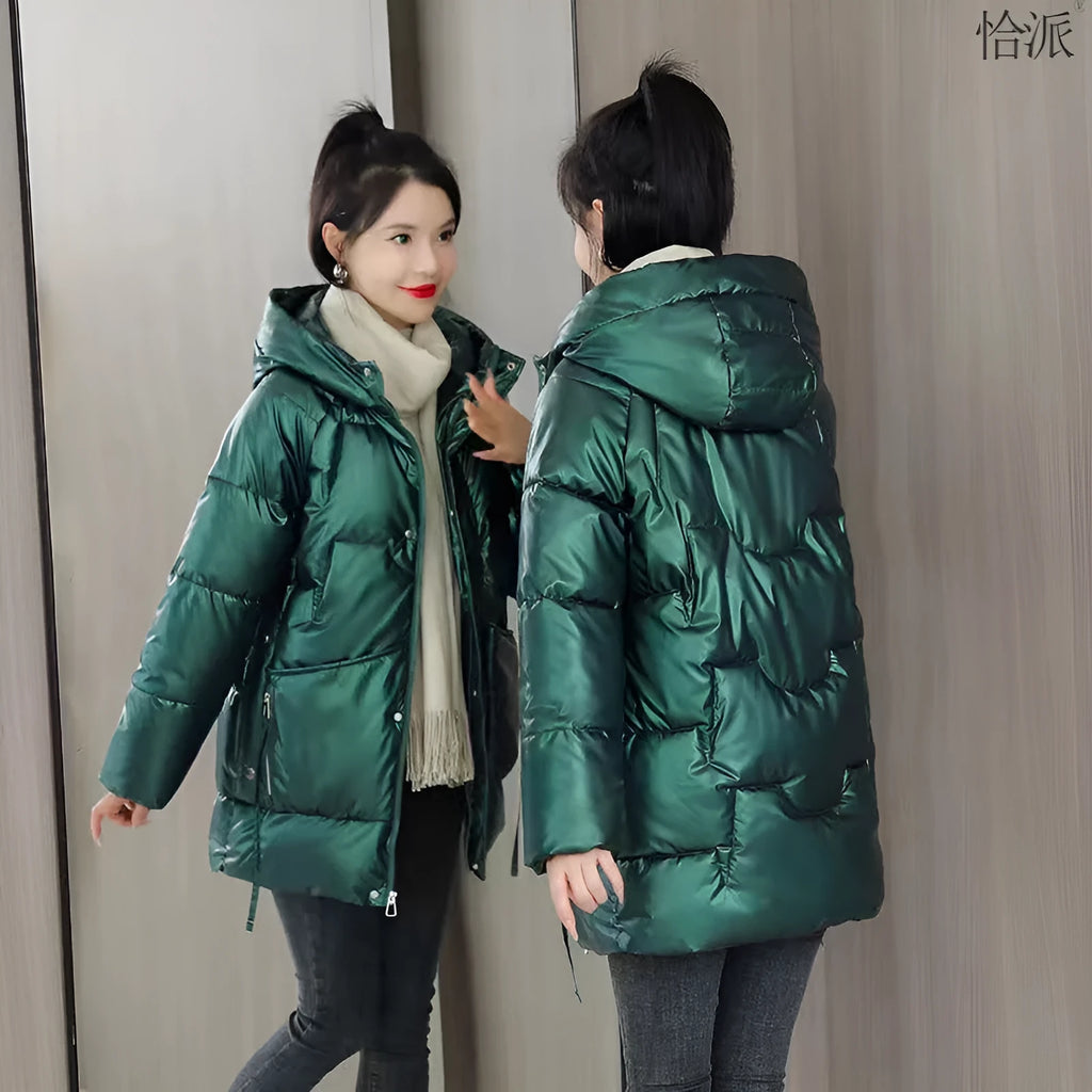 Women's loose fit thick acrylic winter jacket with hood in blue colour