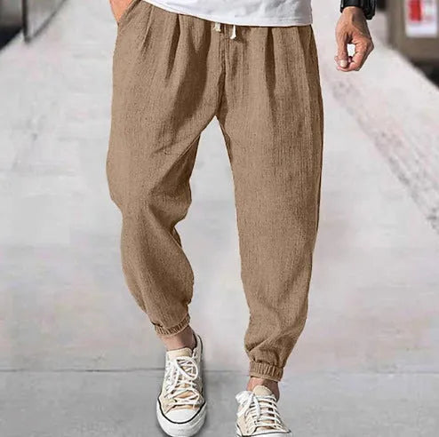 Men's casual cotton summer pants with elastic waistband and banded ankle cuffs in various colours