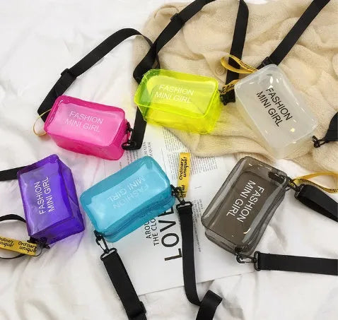 Transparent square jelly shoulder bag with adjustable strap in multiple colour options