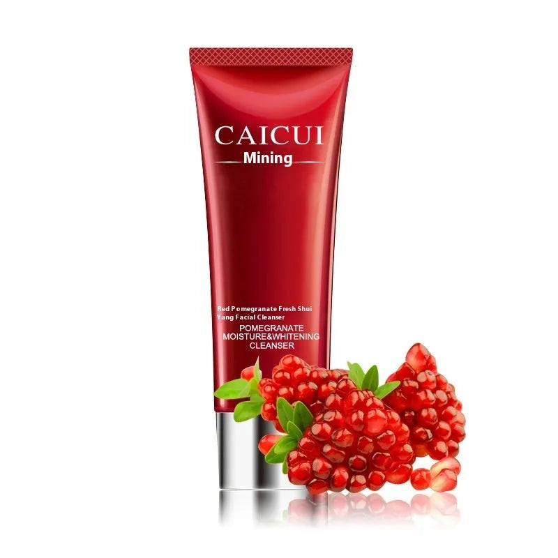 Red pomegranate skincare set showing four bottles: face wash, toner, lotion, and facial cream.