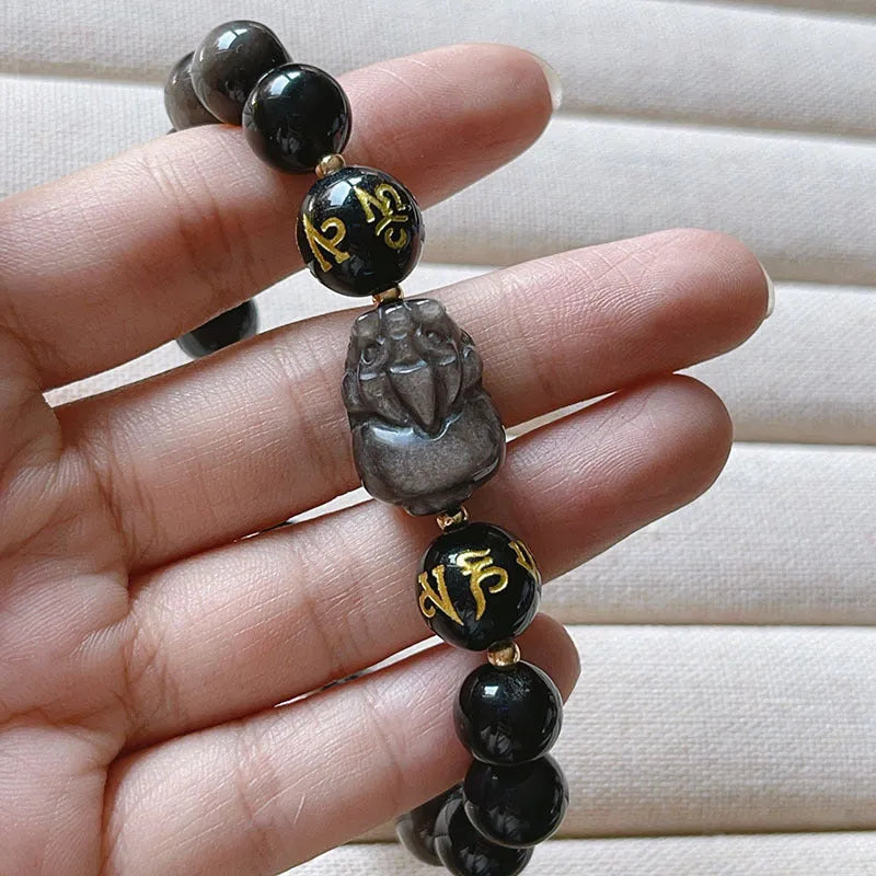 Men's natural silver stone bracelet with Chinese zodiac signs and adjustable design