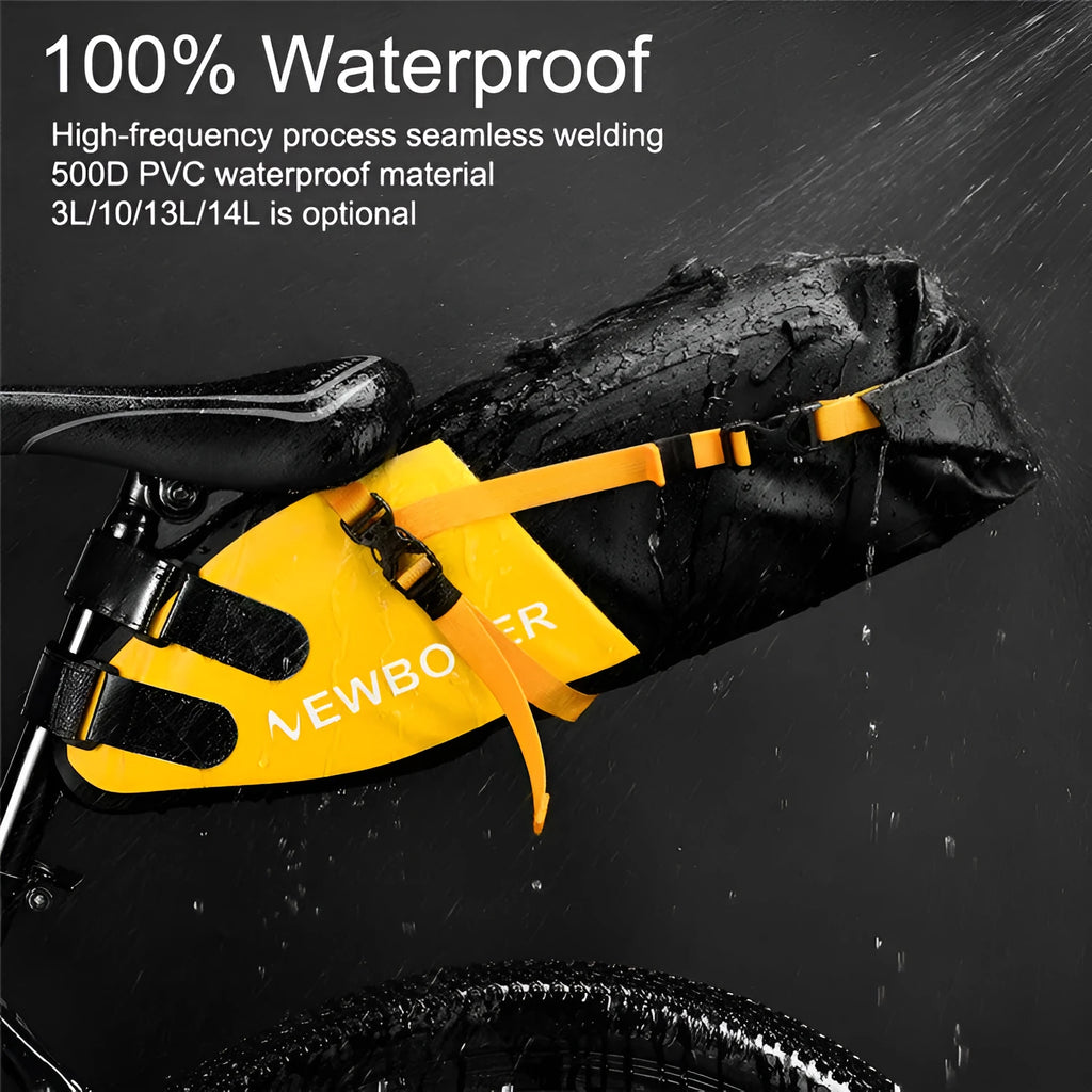 Waterproof PVC bicycle tail bag in yellow with 13-litre capacity for outdoor cycling storage