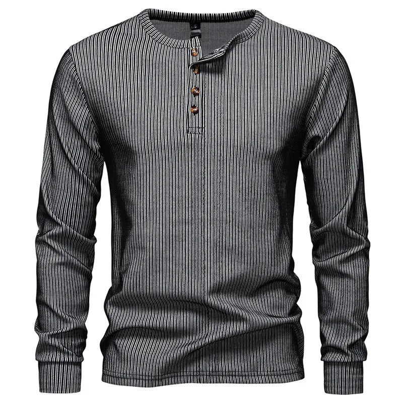 Men's striped long sleeve slim fit T-shirt in white, dark gray, black or khaki, sizes S to 2XL