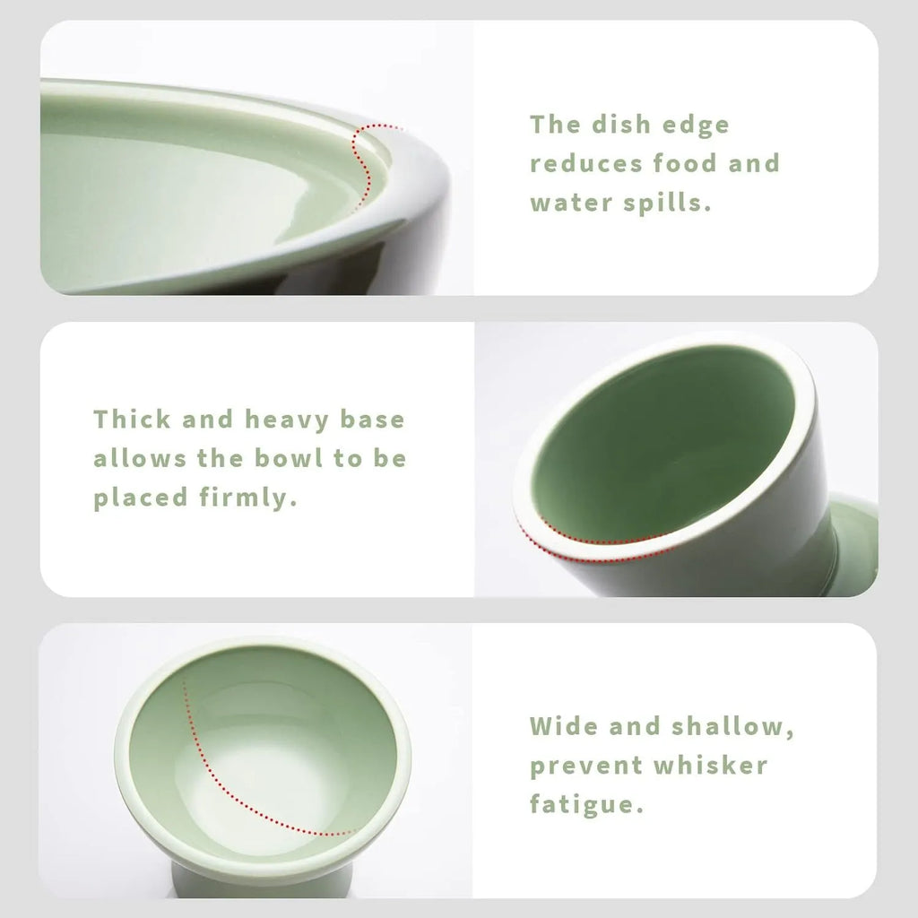 Extra wide elevated ceramic cat food and water bowl set in blue, green, pink, or white