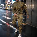 Two-piece jungle camouflage sportswear set with long-sleeve round neck top and matching trousers on a male model
