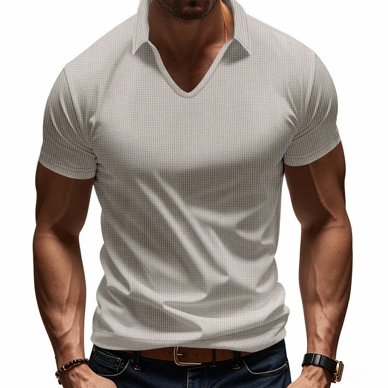 Men's V-neck short sleeve t-shirt in apricot colour with loose casual fit and thin cotton blend fabric