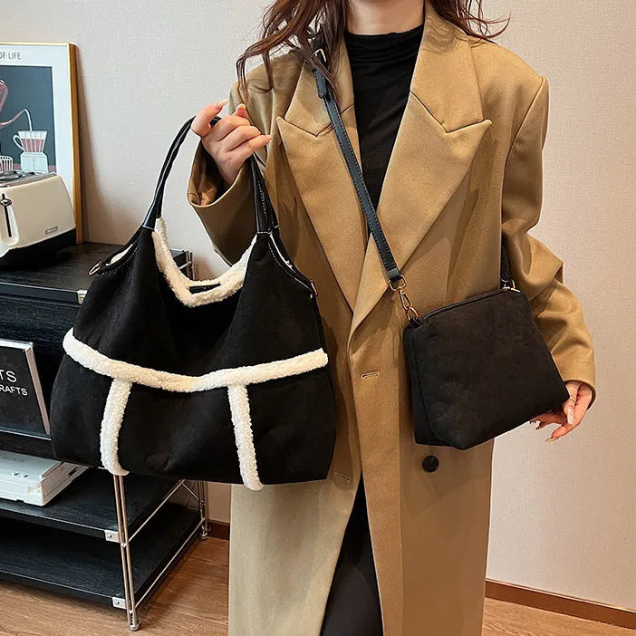 2pcs women's plush tote shoulder bag, large capacity suede-style handbag, black or brown, PU outer, polyester lining