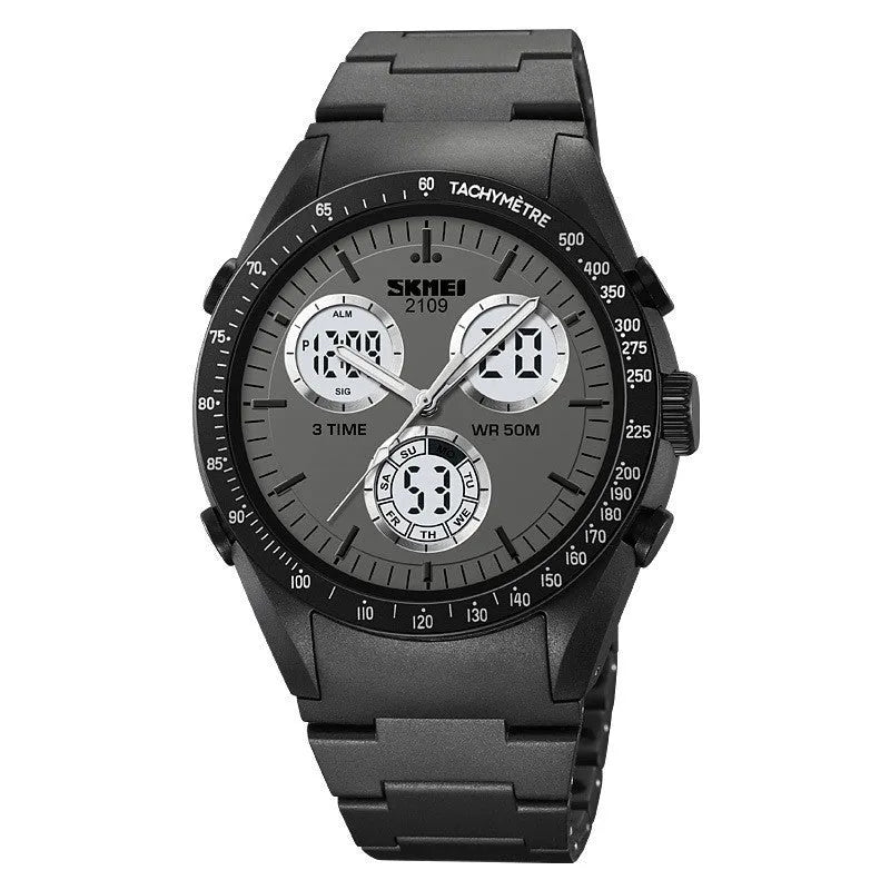 Unisex casual electronic watch with camouflage strap on a wrist, showing resin face and stainless steel buttons.