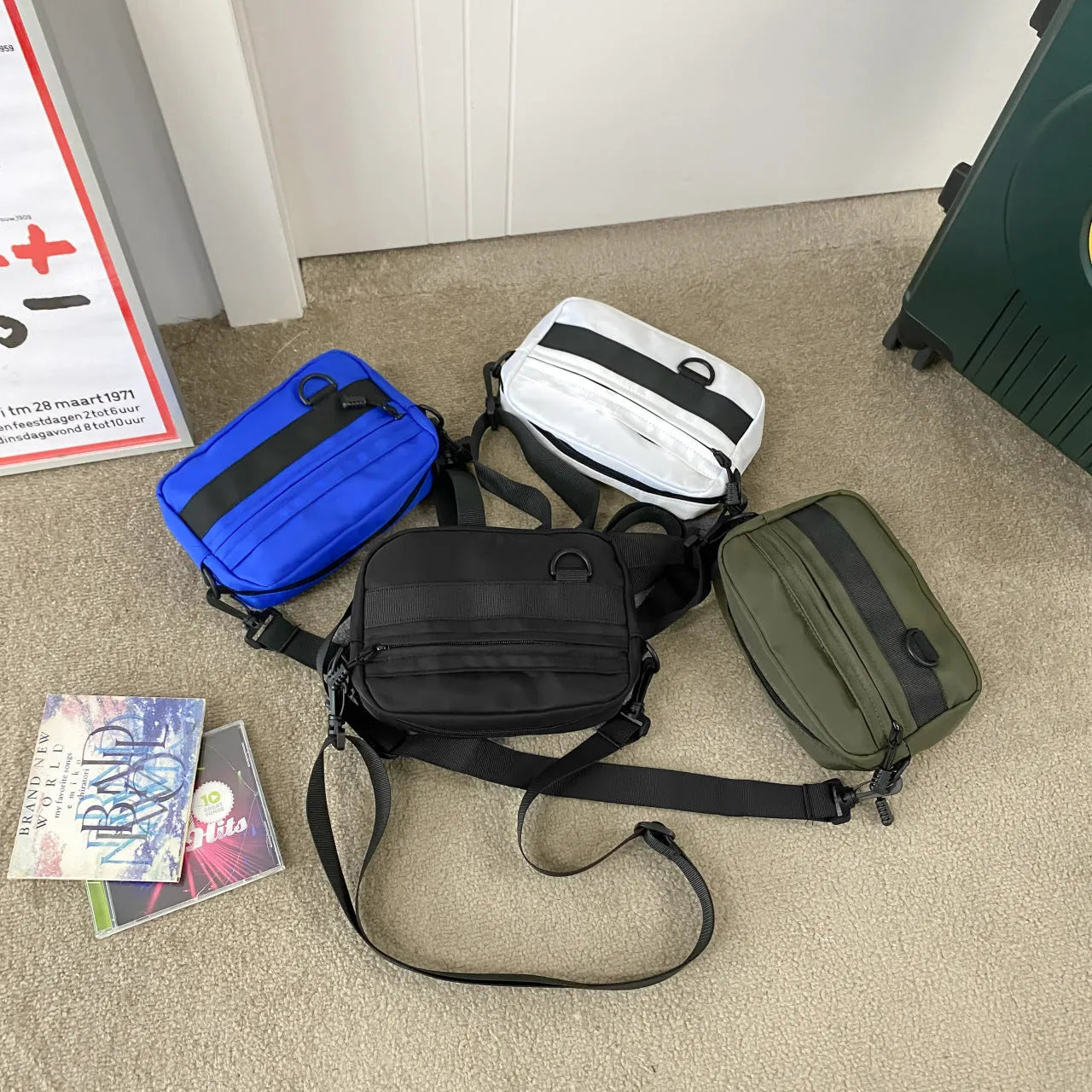 Men's nylon messenger bag in street fashion style with crossbody strap and sewing thread detailing