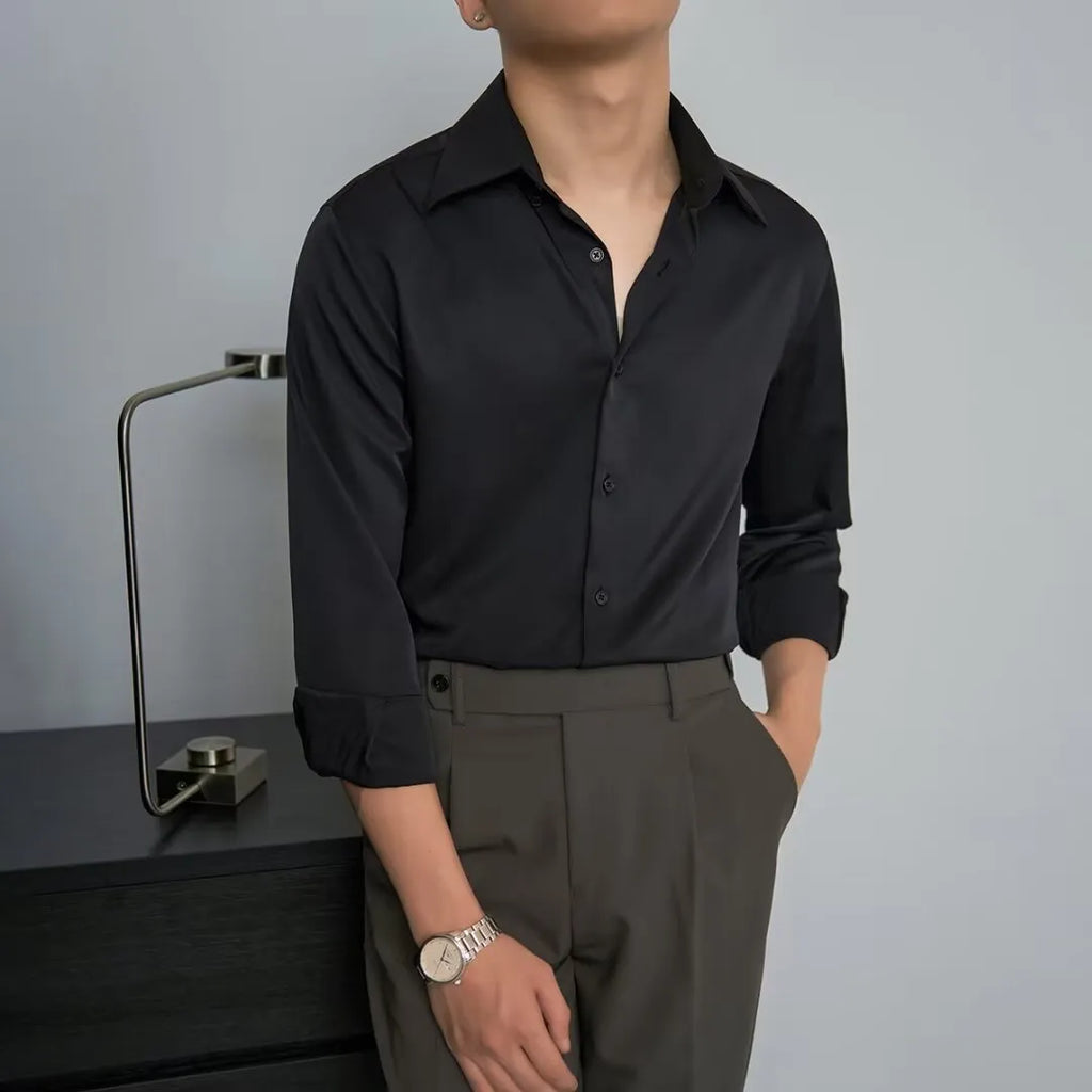 Men's black long sleeve polyester cardigan shirt with loose fit Japanese retro style for autumn