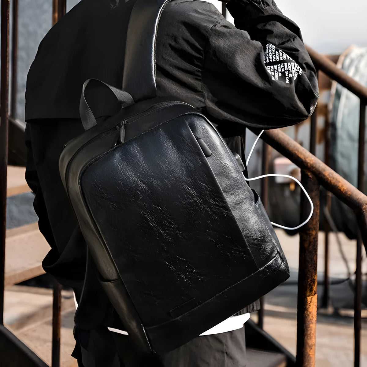 Black men's casual backpack with PU outer and polyester lining, waterproof, under 20L capacity