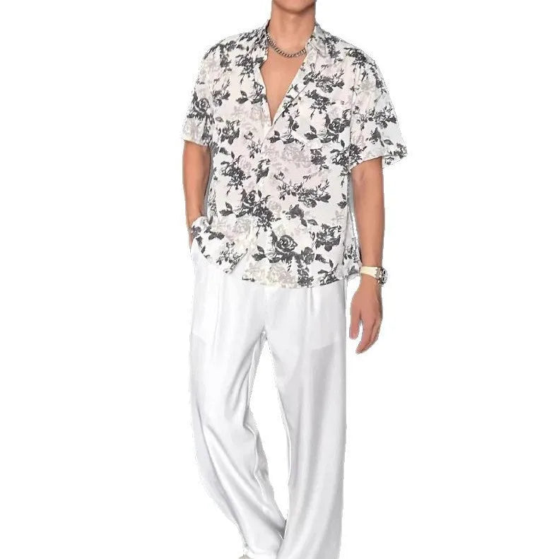 Men's loose fit floral printed short sleeve casual shirt in white or black