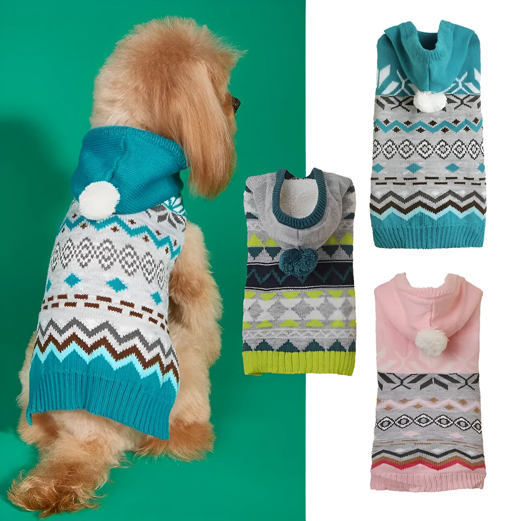Blue diamond pattern acrylic knitted dog sweater laid flat, showing pullover neck and textured knit.