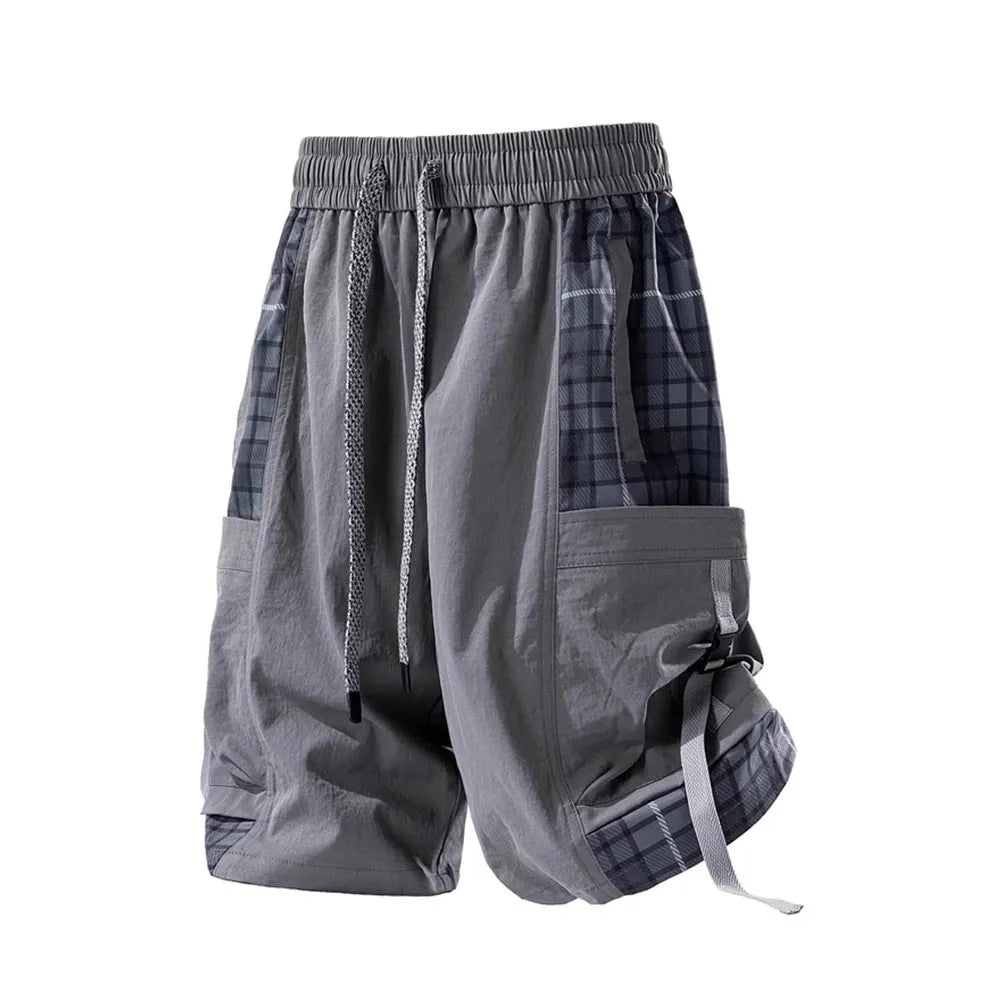 Men's loose-fit cargo shorts with plaid stitching detail in smoky grey colour.