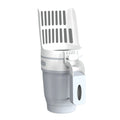 Grey, blue, and green cat litter scoop with attached waste compartment and foldable bottom.