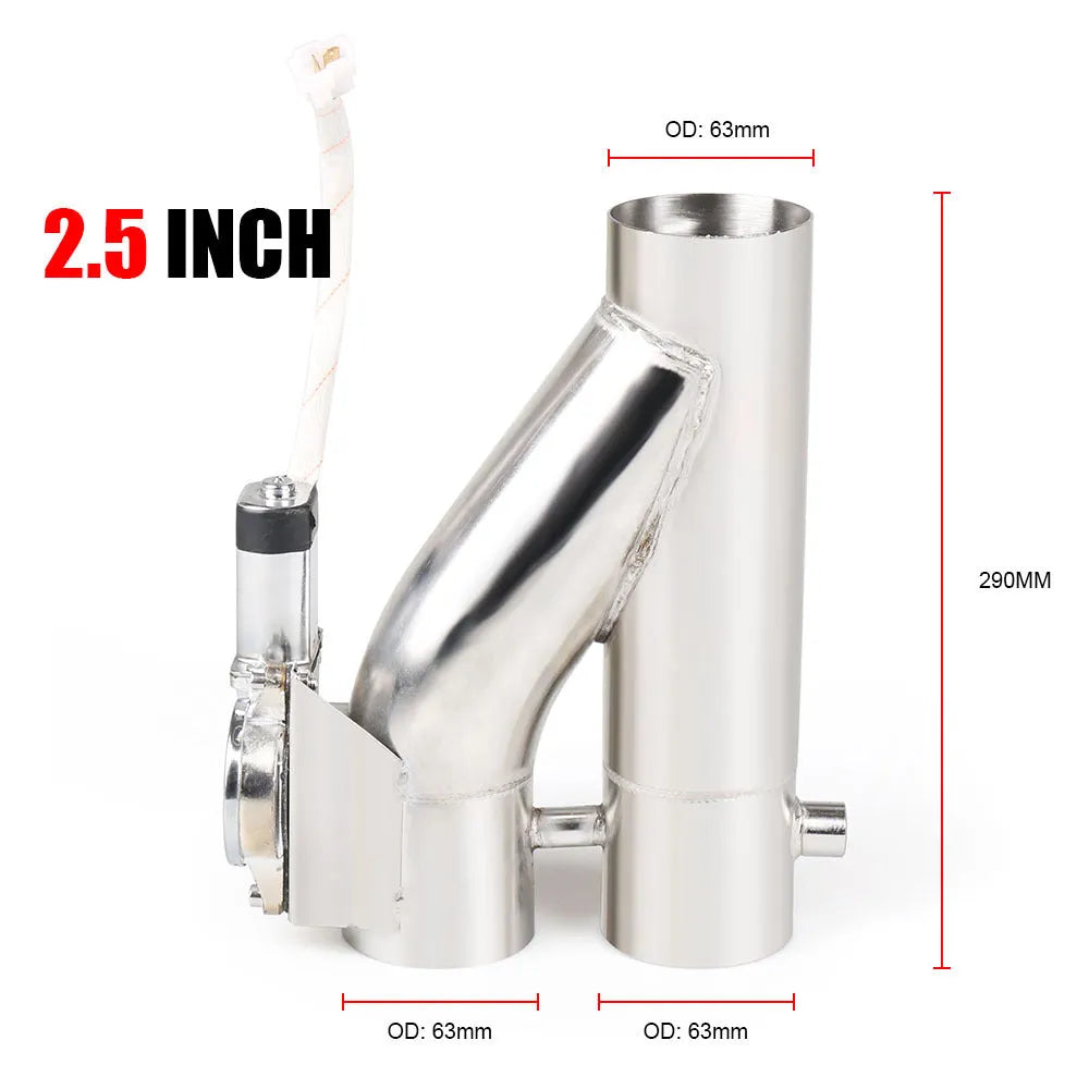 Silver stainless steel electronic control double valve exhaust pipe, 290mm length, shown for car modification use