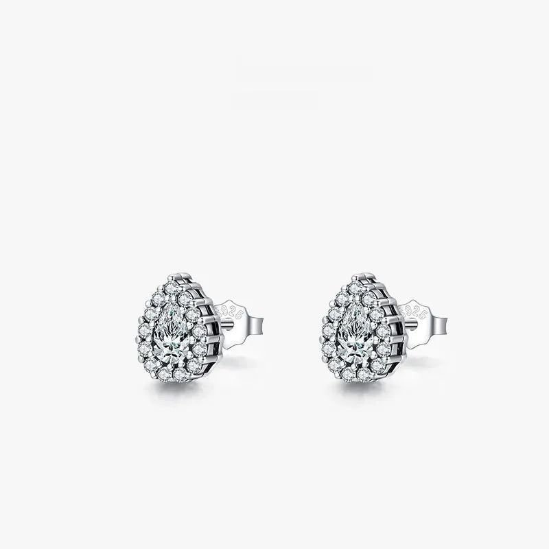 Silver water drop ear studs with diamond treatment on 925 sterling silver