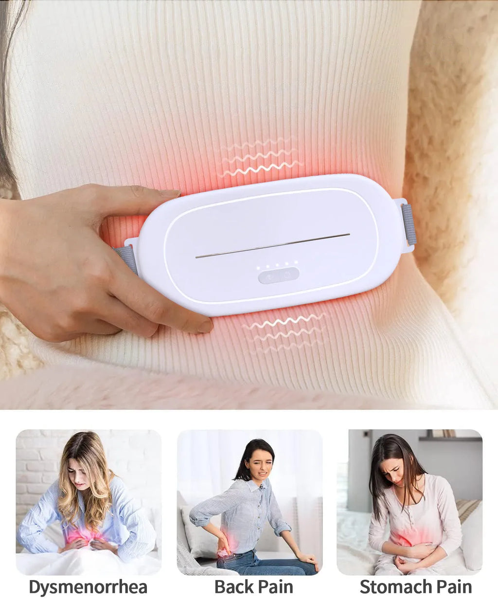 White portable uterine warming device with adjustable strap on a grey background