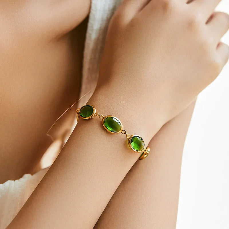 Geometric ellipse women's bracelet with glass inlay on 18K copper in blue, green, multicolor options