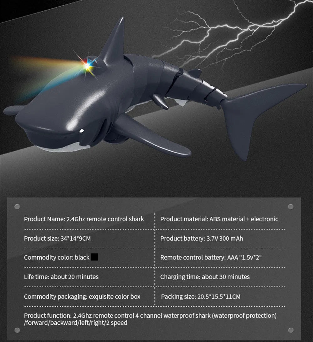 Remote control shark boat water toy for children with handle controller, plastic body, colour box, and USB power option.