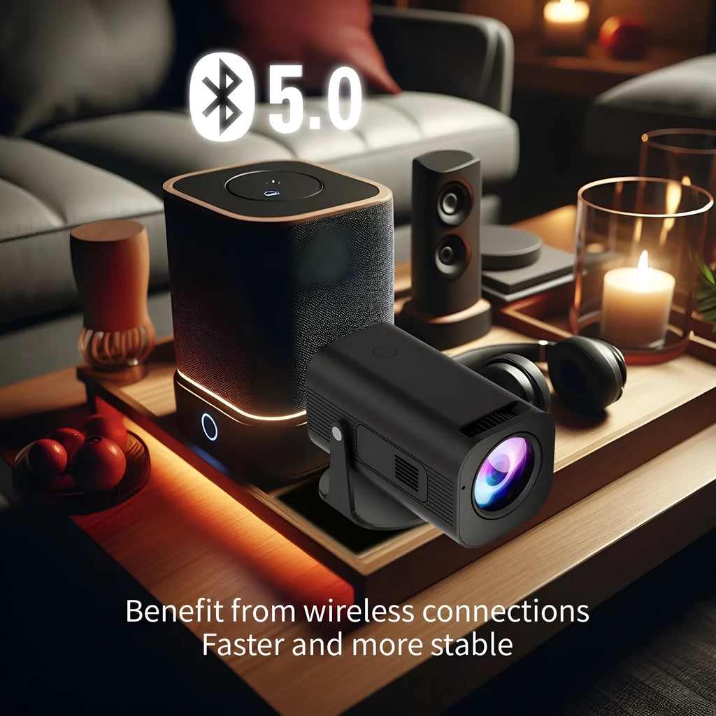 Black P330 portable mini projector with remote control on white background
