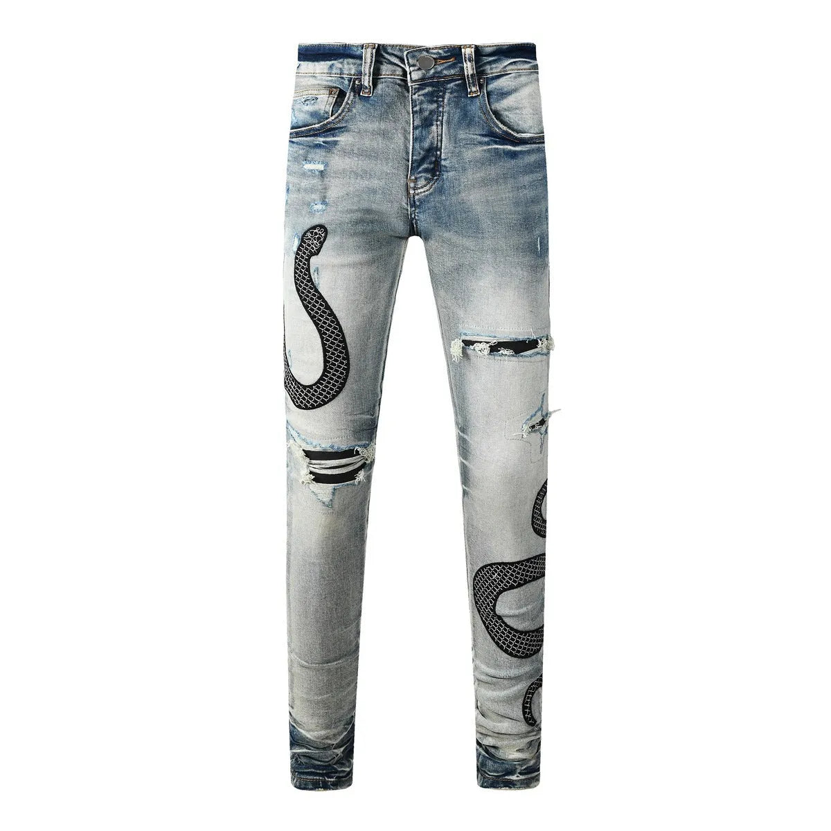 Blue distressed wash skinny jeans with mid waist and skinny leg silhouette