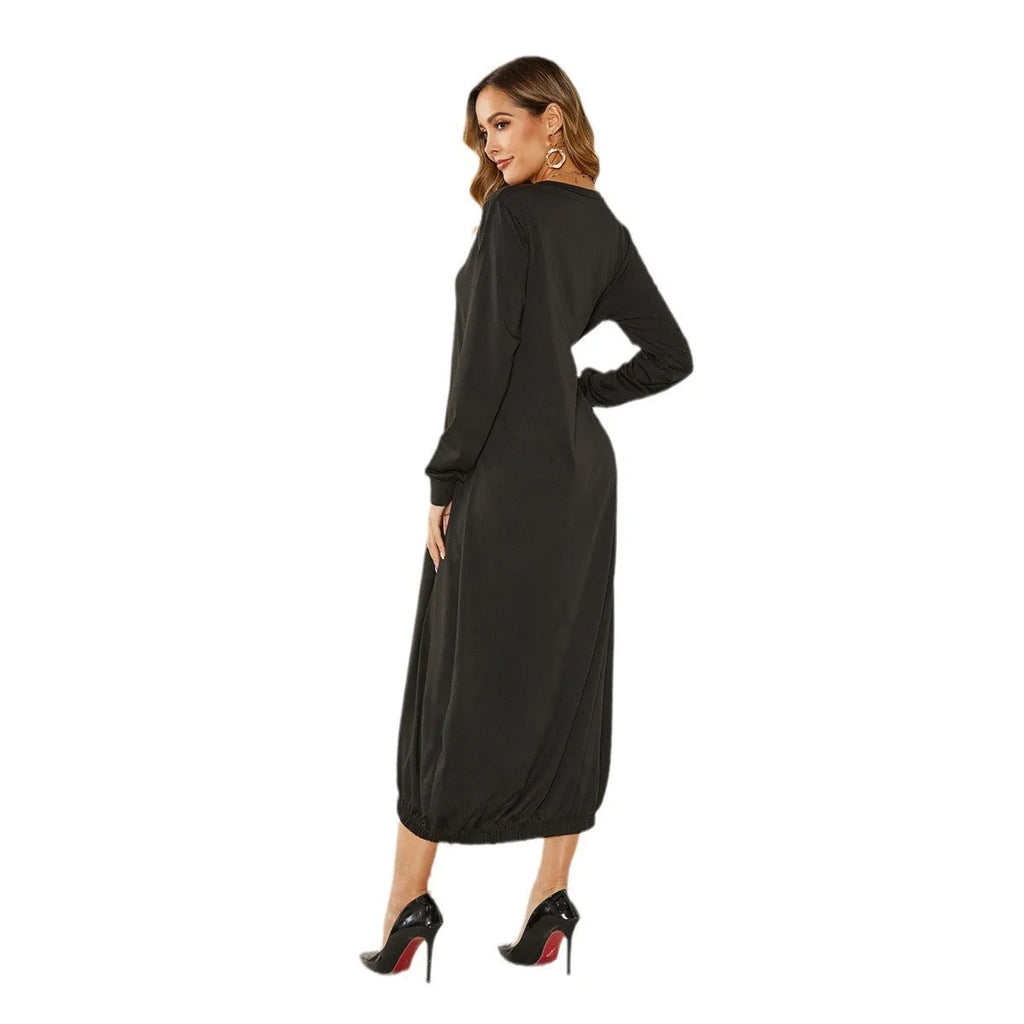 Black loose lantern dress with lace-up crew neckline and long sleeves